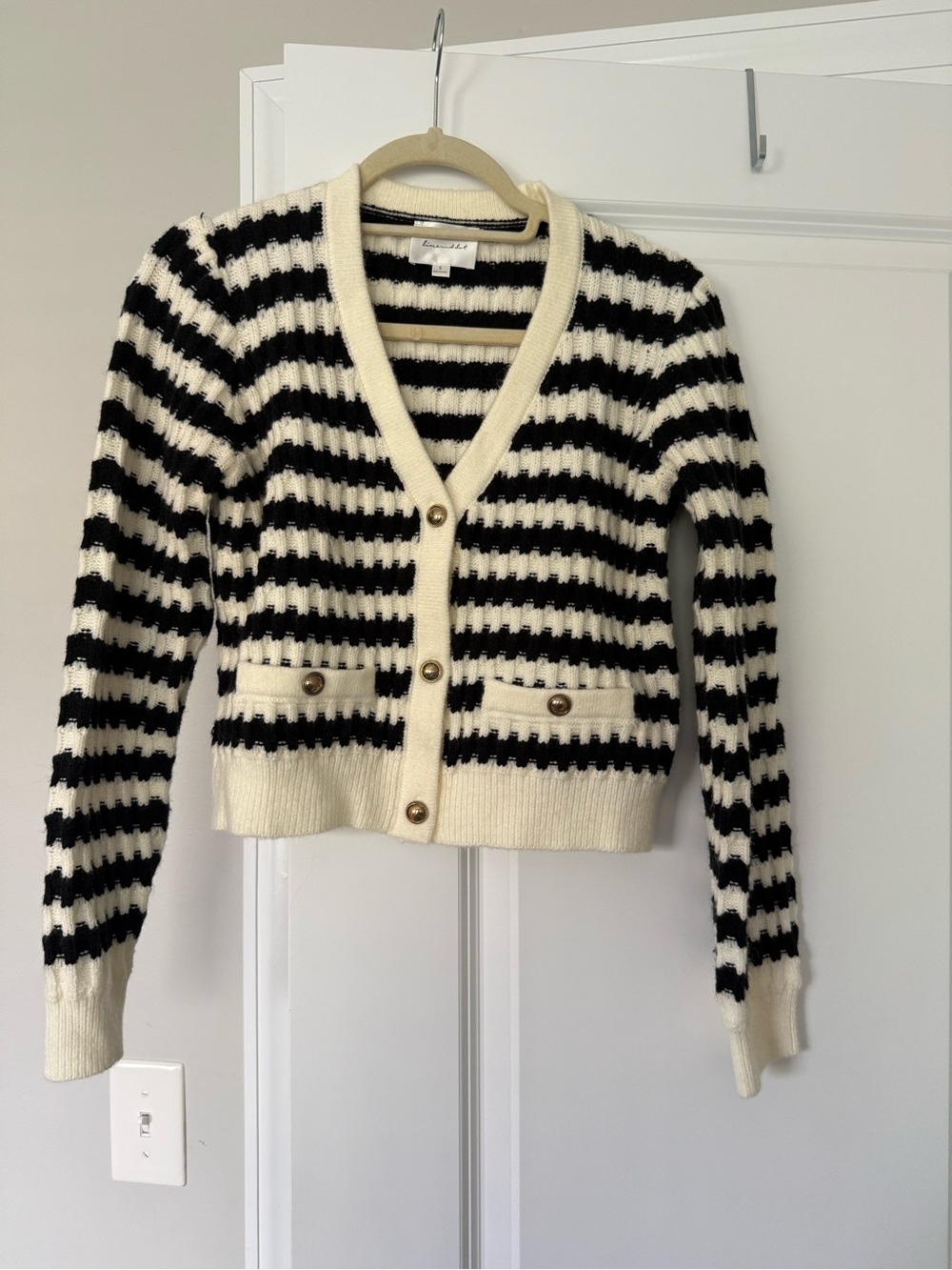 Line & Dot Black and Cream Striped V-Neck Cardigan